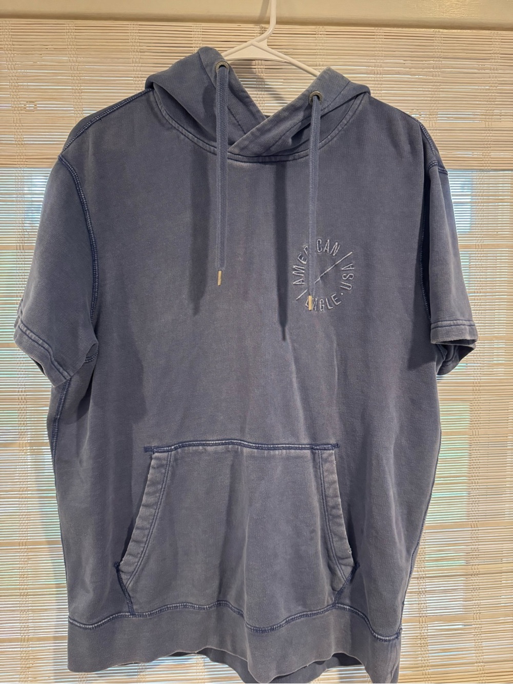 American Eagle Short Sleeve Pullover Hoodie with Front Pocket - Slate Blue